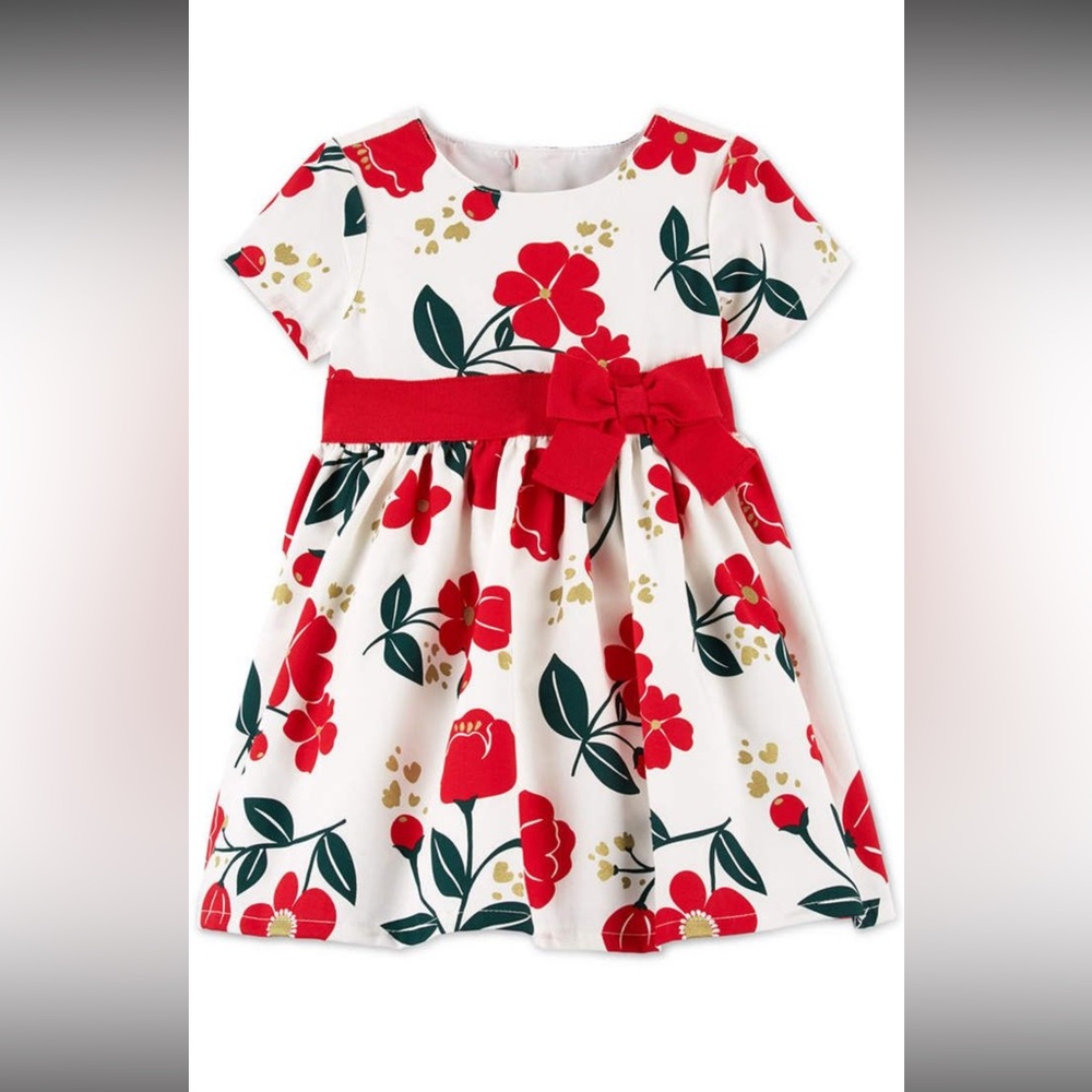 Carter's White and Red Pleated Sundress with Puff Sleeves